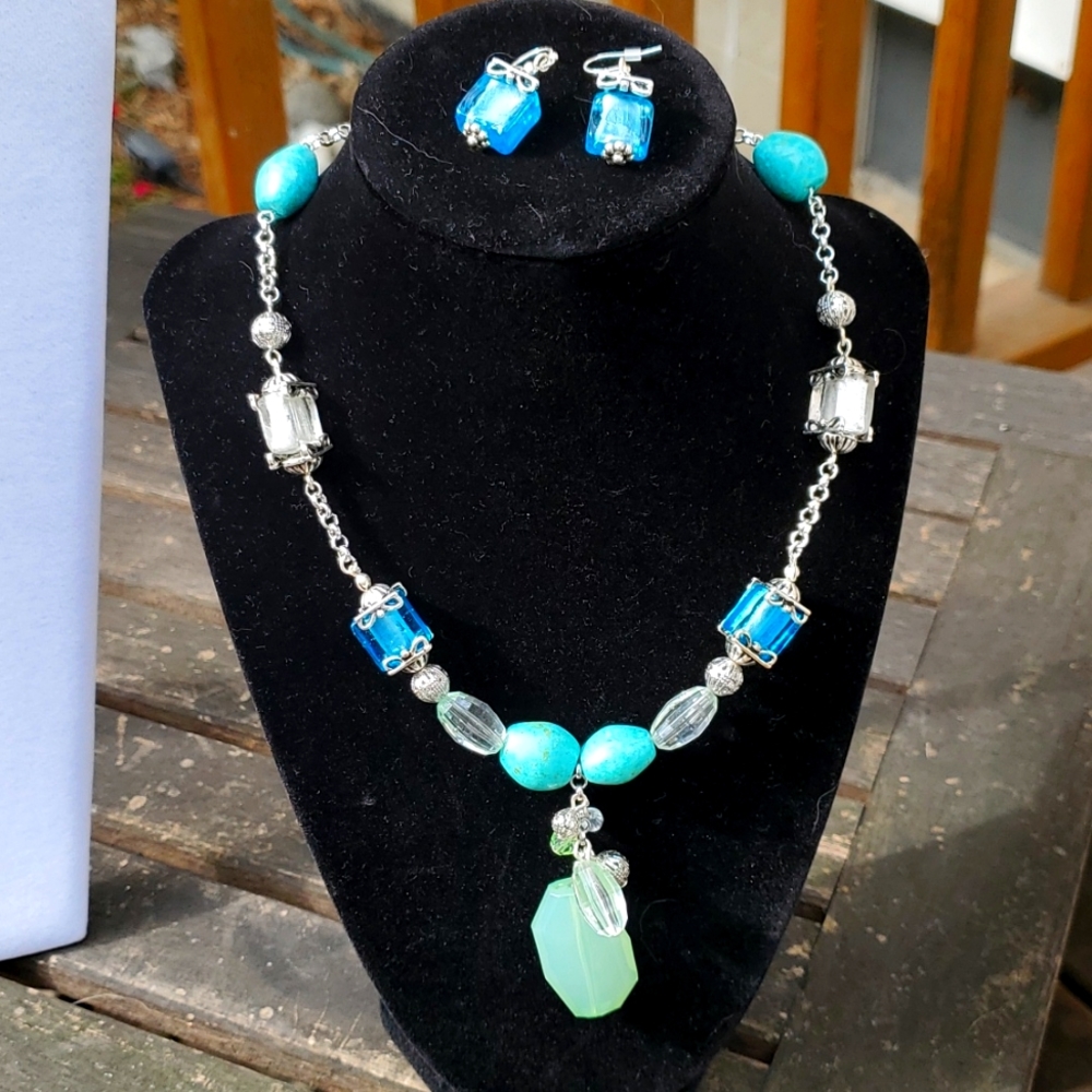 Vintage Avon turquoise colored necklace and earring set with seaglass accents